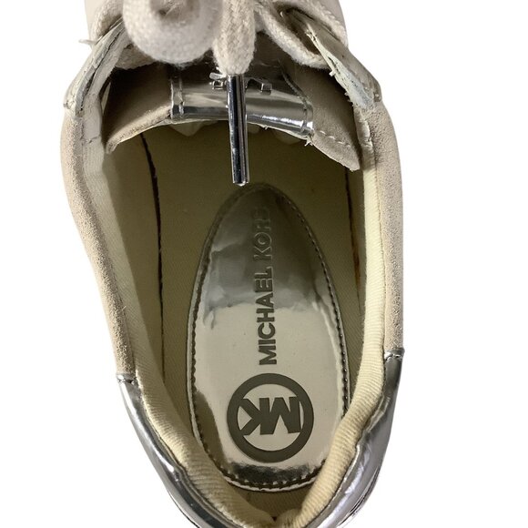 Michael Kors Womens Allie Lace Up Trainers 7M Beige & Metallic MK Monogram - Picture 5 of 16